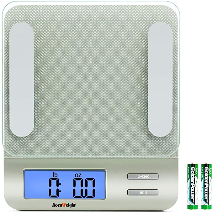 AccuWeight 207 Digital Kitchen Multifunction Food Scale for Cooking with Large Back-lit LCD Display,Easy to Clean with Precision Measuring,Tempered Glass, 0 Silver