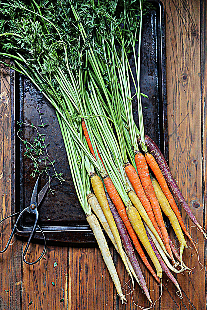 rainbow carrots on baking sheet. Scissors and thyme sprigs to side. 