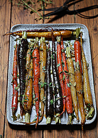 roasted rainbow carrots on plate.
