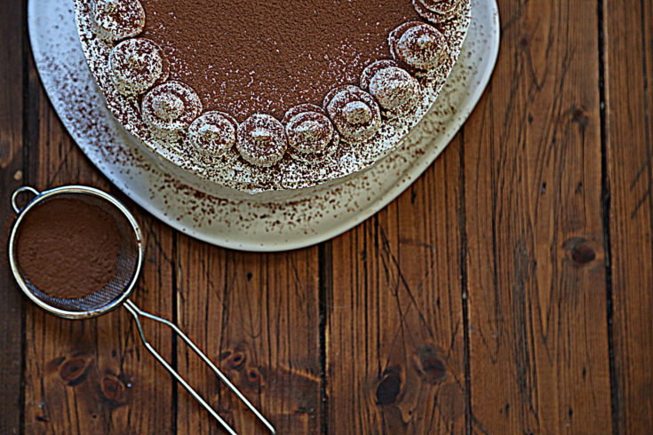 partial view of frosted cake on white cake plate. Sieve with cocoa powder in front of cake.